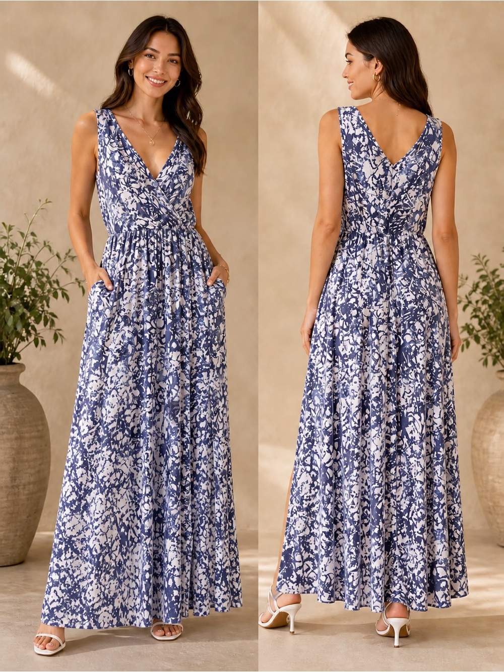 Peter Som Blue White Floral Maxi Dress Knit Stretch V-Neck Stretchy Waist Long